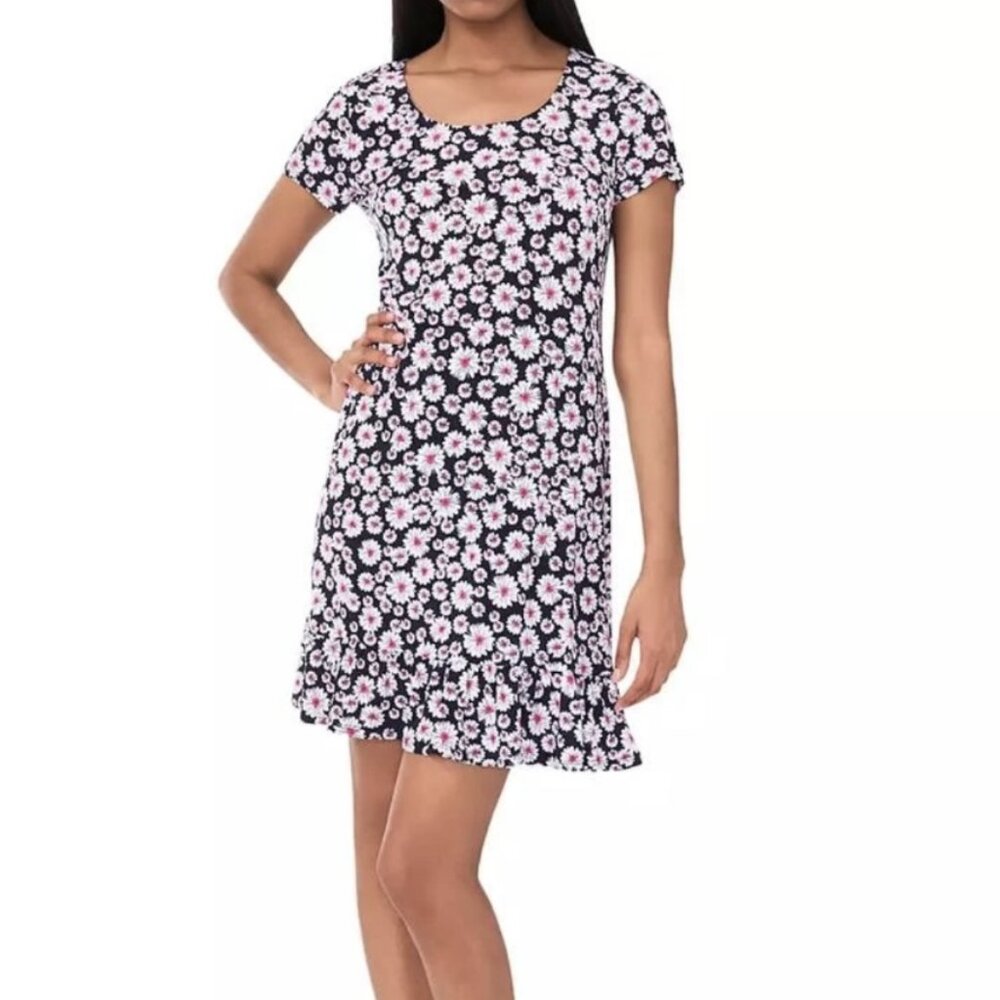 MSK Shift Mini Dress Floral Daisy's Short‎ Sleeves Petite Medium Scoop Neck